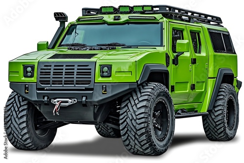 A bright green armored suv with large tires and a roof rack on a white background in a studio shot