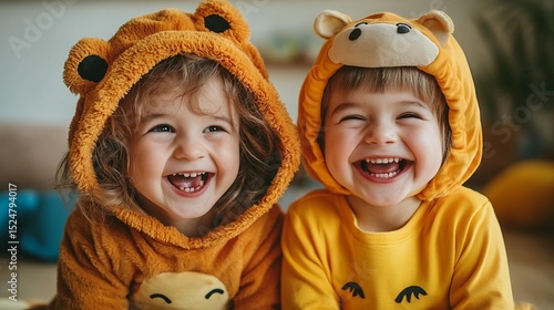 Fototapeta Naklejka Na Ścianę i Meble -  Two children in animal costumes, laughing heartily