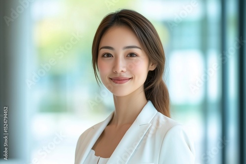 Confident professional woman in a white blazer with a soft smile, standing in a bright modern office. Free Download Confident professional woman in a white blazer with a soft smile, standing in a bright modern office. - GFXLoad