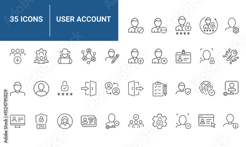 User Account Web Icon Set in Line Style. Collection of User profile Linear Icons, Including Profile, avatar, login, password, username, add friend, access, connect and more. Editable Stroke
