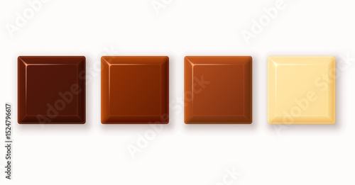 Set of square chocolate pieces of dark black, bitter, milk and white chocolate. Vector 3D illustration.