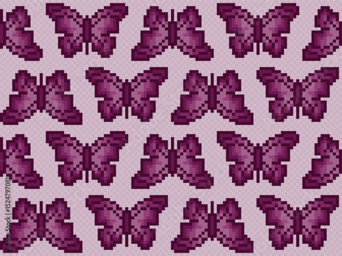 Seamless pixel background with purples butterflies.