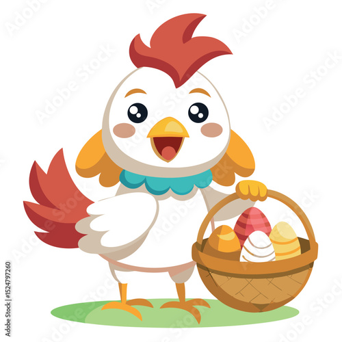 Cartoon Chicken Holding Easter Egg Basket, Festive Spring Season Illustration