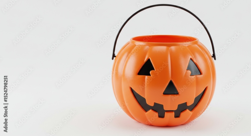 Fototapeta premium Orange Halloween pumpkin bucket with smiling face on white background 