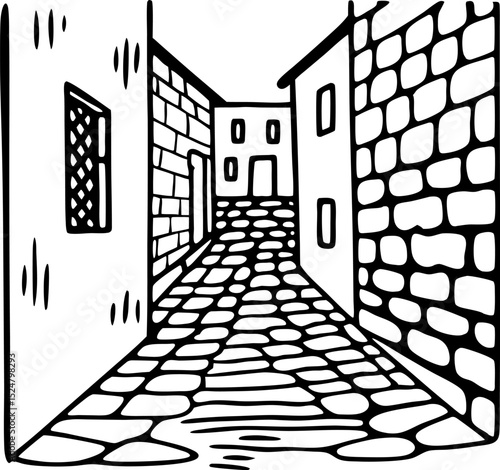 Narrow alleyway with stone walls and cobblestone pavement, old town architecture, hand drawn sketch illustration