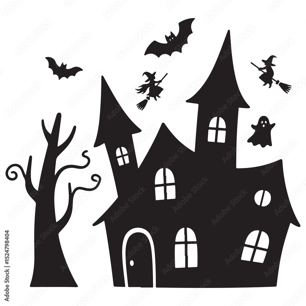 Fototapeta premium Halloween haunted house silhouette with bats and pumpkin on a spooky hill at night