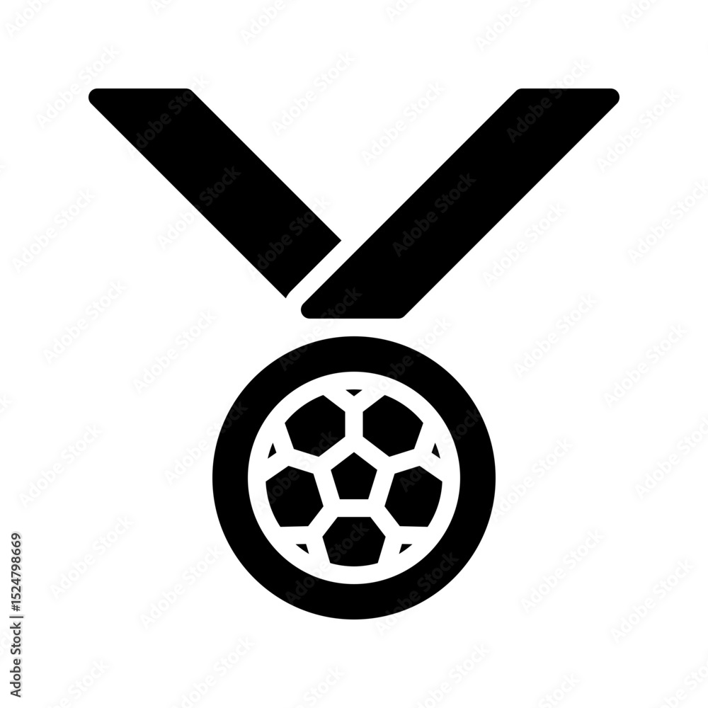 Fototapeta premium A modern, bold black glyph soccer medal icon. This solid vector represents achievement, victory, and awards in football or soccer. Ideal for sports apps, recognition, and winning themes.