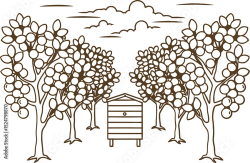 Orchard trees with ripe fruit and wooden apiary beekeeping and agriculture, rural harvest landscape illustration