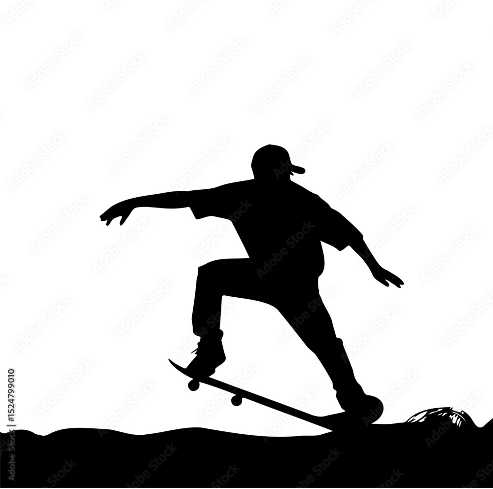 Obraz premium Silhouette of skateboarder performing trick, captured in mid air against plain background
