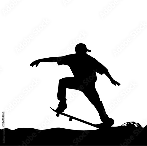 Silhouette of skateboarder performing trick, captured in mid air against plain background