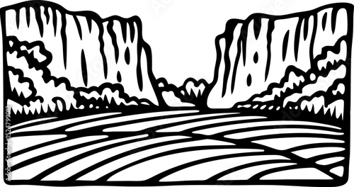 Scenic canyon landscape with dramatic cliffs and winding river nature, outdoor adventure, wilderness exploration icon