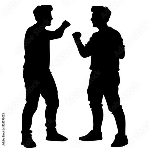 Two silhouetted men appear to be engaged in conversation or debate, with expressive gestures