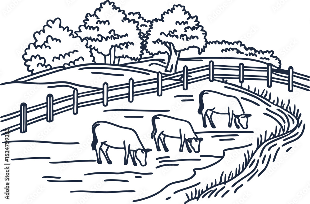 Obraz premium Cows grazing in countryside pasture with trees and wooden fence rural agriculture landscape, scenic farmland meadow