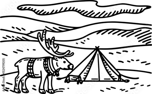 Reindeer standing near traditional tent in open tundra landscape indigenous culture, wilderness, arctic environment