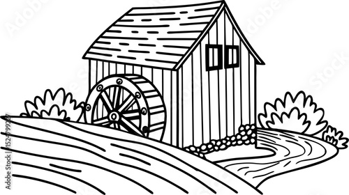 Old wooden watermill by a riverbank rural mill house with water wheel, countryside landscape, black and white drawing