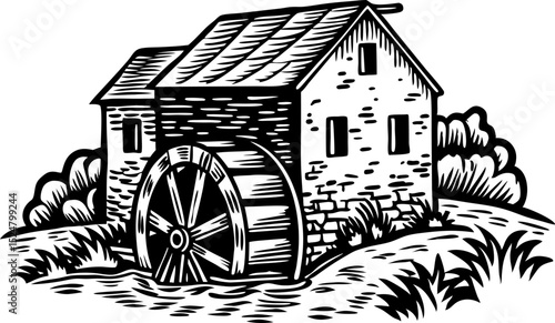 Old watermill building with large wooden wheel by the river, vintage rural countryside landscape sketch illustration