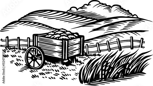 Old wooden farm cart filled with hay on rural landscape hills, clouds, rustic fence, hand drawn countryside scene