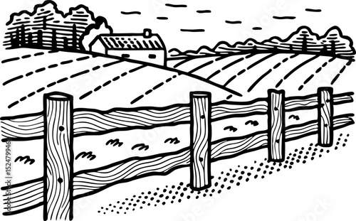 Countryside farmhouse with wooden fence rural landscape, rolling fields, trees, peaceful agriculture scene