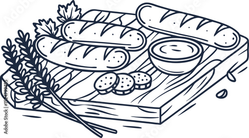 Fresh baguettes, herbs and dipping sauce on wooden board hand drawn rustic bread meal illustration