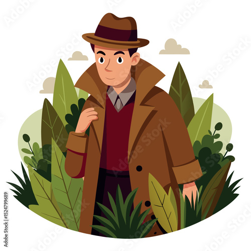 Cartoon Detective Illustration Man in Trench Coat and Fedora Amidst Green Foliage