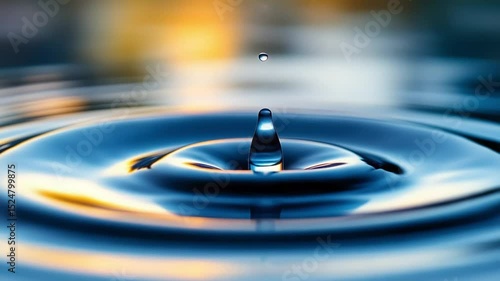 Macro shot of water drop creating ripples in a reflective pool