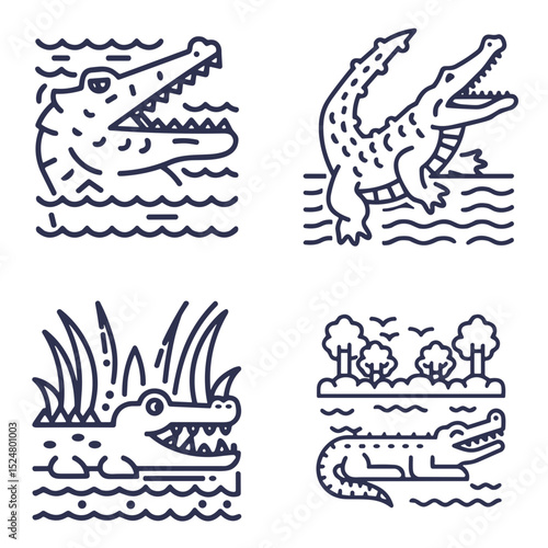Crocodile Wildlife Icon Collection for Educational Materials, Nature Blogs and Environmental Publications - Reptile Illustration Set for Conservation Awareness