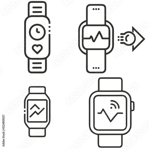 Fitness Tracking Smartwatch Icon Collection for Health Apps, Wellness Websites and Sports Equipment Marketing - Wearable Tech Visual Elements for Digital Fitness Platforms
