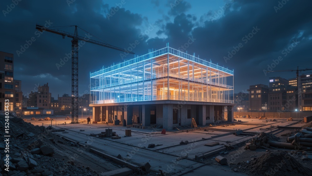 Obraz premium Modern Construction Site with Neon Lights Illuminating a Building at Night in Urban Environment