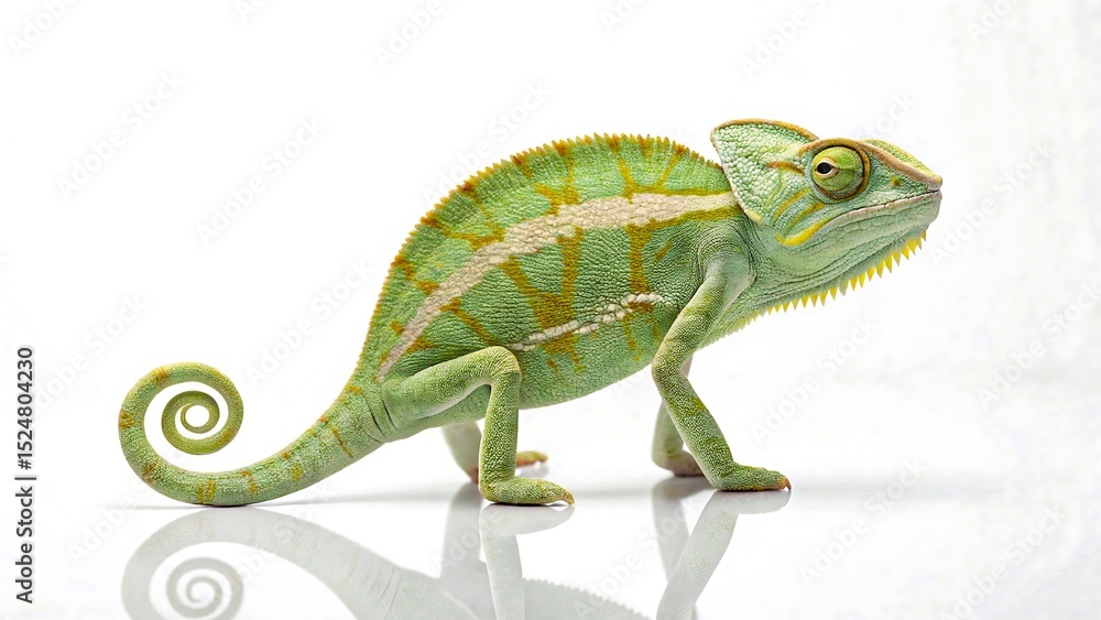 Obraz premium Green veiled chameleon standing on reflective surface isolated on white background