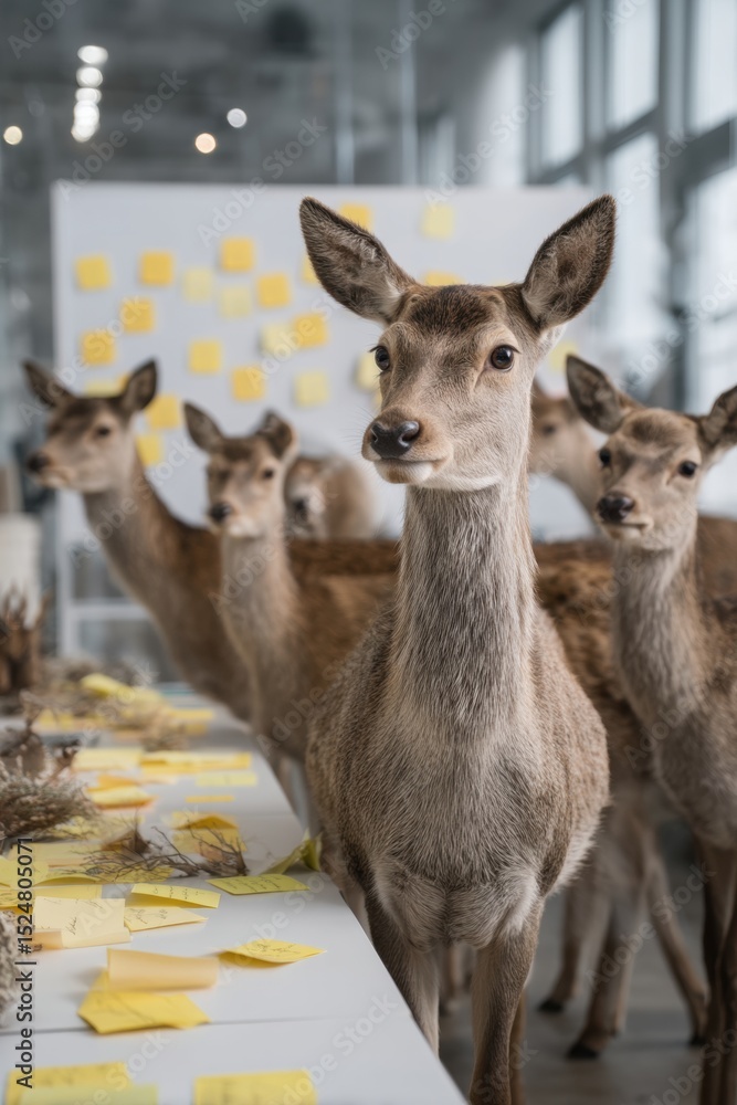 Fototapeta premium Deer Leading Team-Building Session in Bright Office with Sticky Notes