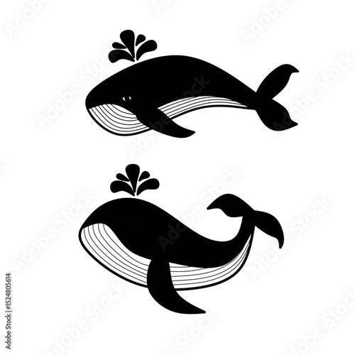 Black Whale Silhouettes Spouting Water