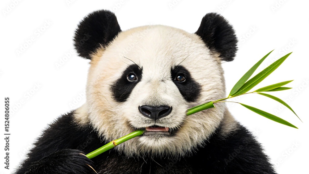 Fototapeta premium Cute giant panda eating bamboo with a playful expression, close-up portrait on white background 