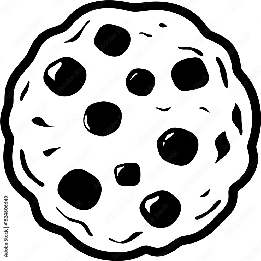 Fototapeta premium solid black silhouette of a chocolate chip cookie, clean bakery icon, isolated on white, isolated on white background.