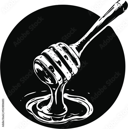 white negative space honey dipper on black, natural sweetener symbol, best seller, isolated on white background.