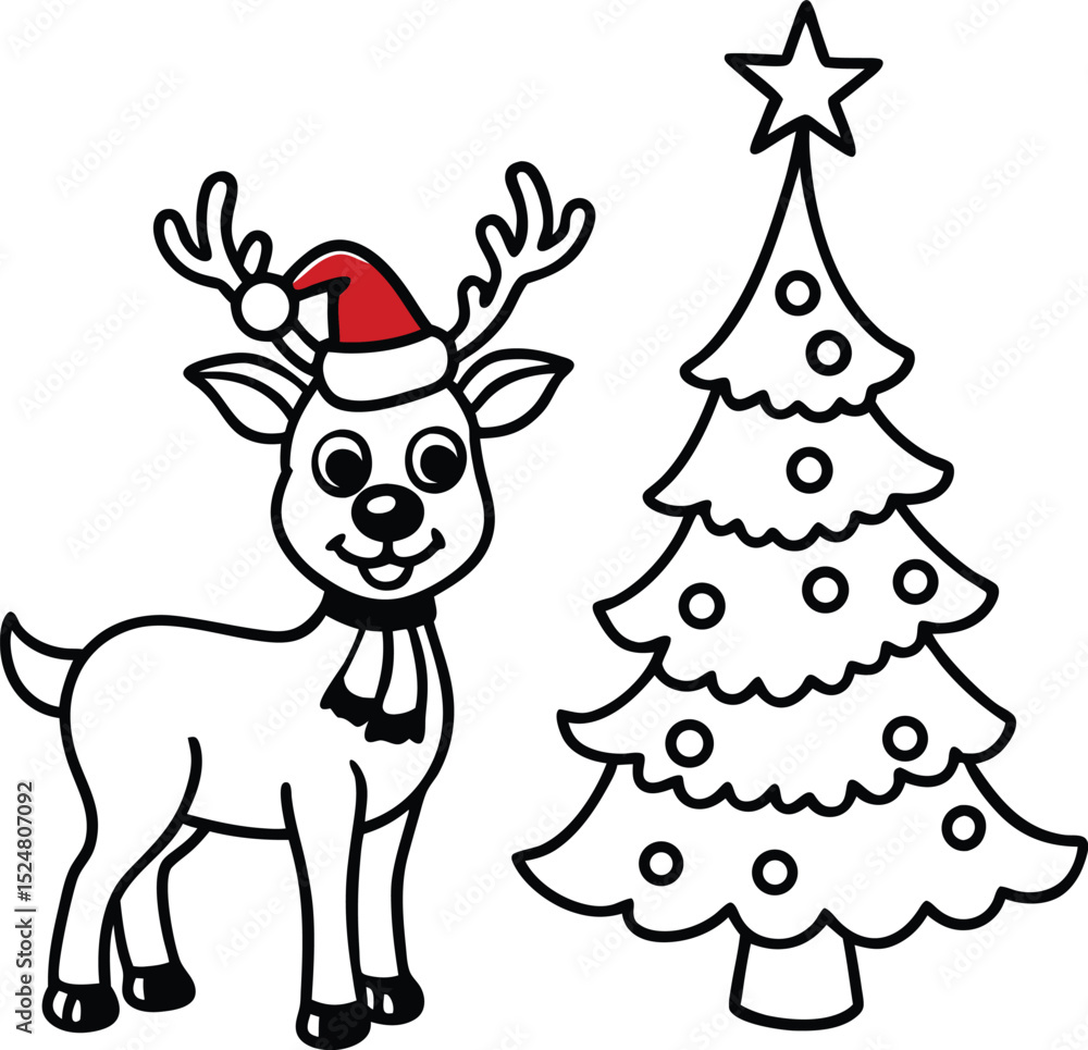 Cartoon Christmas Reindeer with Santa Hat and Decorated Tree Outline Illustration Cartoon Christmas Reindeer with Santa Hat and Decorated Tree Outline Illustration