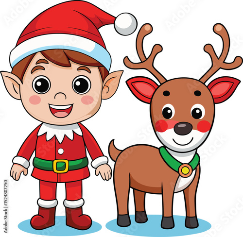 Cartoon Christmas elf with reindeer friend isolated on white background