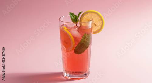 Wallpaper Mural Refreshing pink drink with lemon and mint in a tall glass, garnished with ice cubes, against a light pink background for summer beverage banner advertising drinks with copy space. Torontodigital.ca