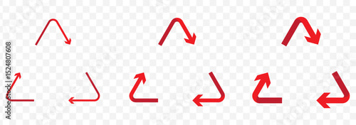 Recycle icon. Reusable label. Eco-friendly vector illustration. Environmental concept for waste reduction and energy efficiency. Ecology triangle arrows sticker in Red Color on Transparent Background.