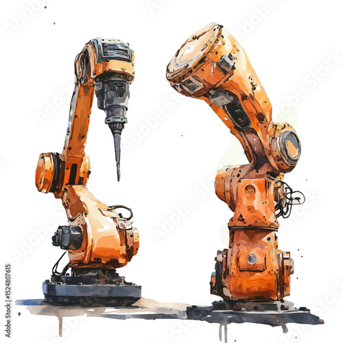 Industrial Robots, watercolor clipart vector, high quality, isolated on a white background.