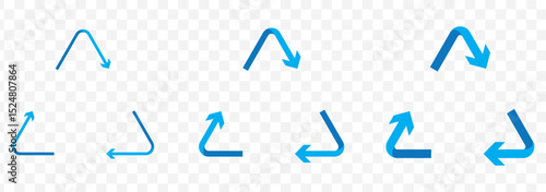 Recycle symbols. Recycling arrow icons. Reusing symbols. Recycling label. Recycle badge. Recycling icons. Recycle, reuse and reduce icons in Blue Color on Transparent Background. EPS 10.