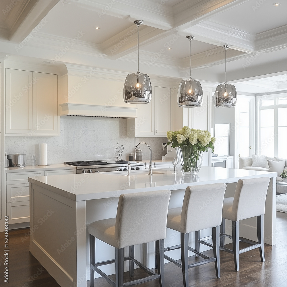 White Kitchen Island with Bar Stools and Pendant Lights White Kitchen Island with Bar Stools and Pendant Lights