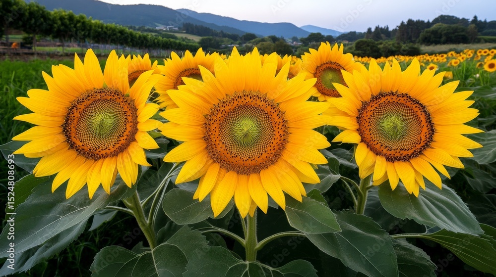 Obraz premium Sunflowers bloom vividly in a lush green field with rolling hills and distant mountains in the background