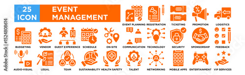 EVENT MANAGEMENT icon collection set. Event Planning, Registration, Ticketing, Promotion, Logistics, Budgeting