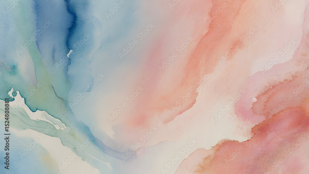 Fototapeta premium Watercolor of a soft pastel abstract background, Smooth blended washes in pink, peach, and sky blue, No defined shapes, only gentle, flowing transitions, Clean white backdrop