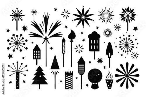 Collection of fireworks sparklers and rockets isolated on transparent background
