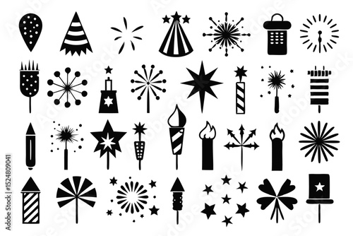 Colorful fireworks sparklers and rockets graphic set isolated on transparent background