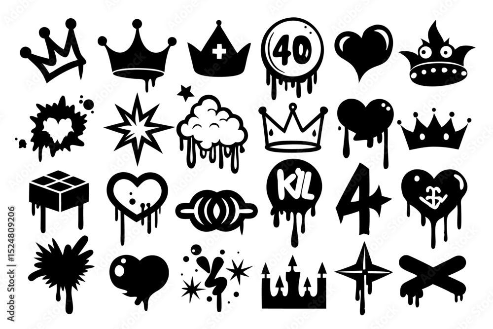 Naklejka premium Colorful graffiti art design featuring hearts crowns stars paint splats isolated on transparent background