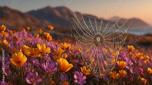 Dew-Kissed Spiderweb Shimmers Among Vibrant Wildflowers in a Picturesque Landscape Scene