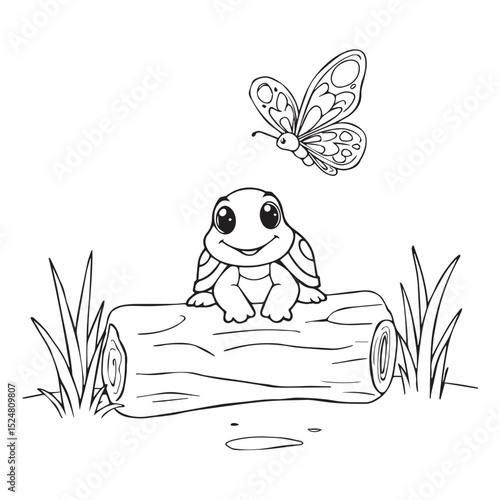 Cute cartoon turtle on log with butterfly illustration