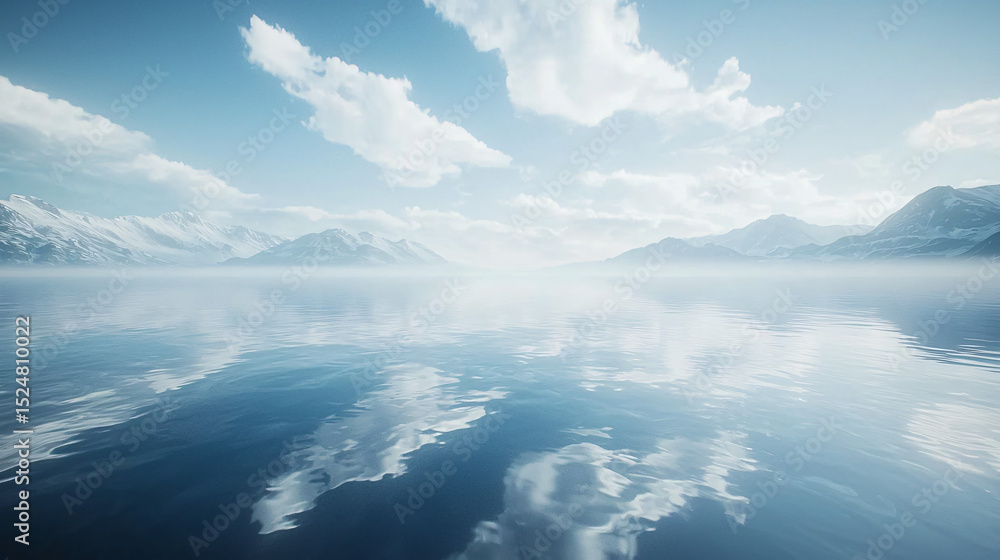 Fototapeta premium Tranquil Seascape with Calm Waters and Majestic Mountain Range